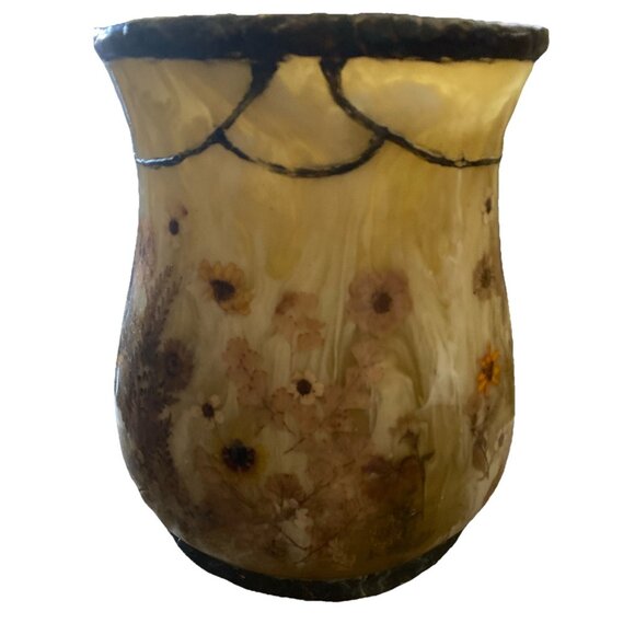 Vtg MCM Lucite Acrylic Honey Swirl Real Pressed Flowers Waste Basket Vase 10.5" - Picture 1 of 12